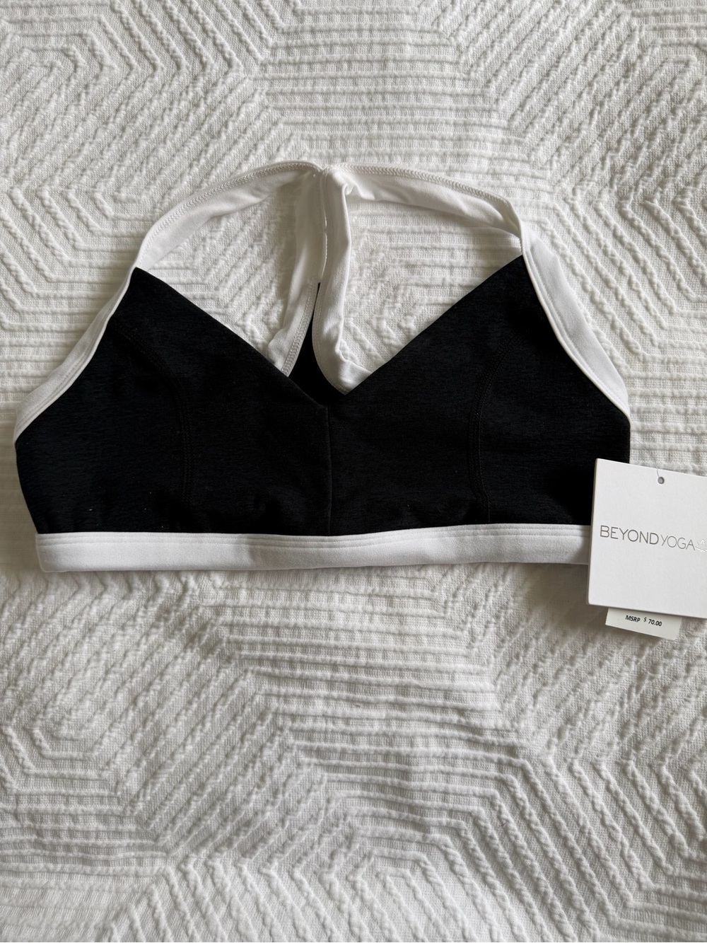 Beyond Yoga - Outlines Darkest Night Black with White Trim Racerback Sports Bra